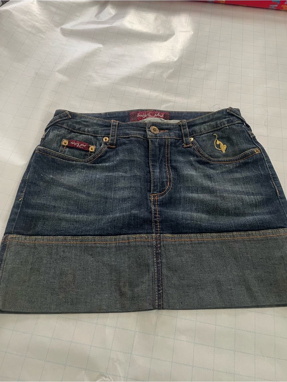 Baby Phat Dark Blue Denim Jacket and Skirt Set with Yellow Flamingo Detail - Picture 4 of 5